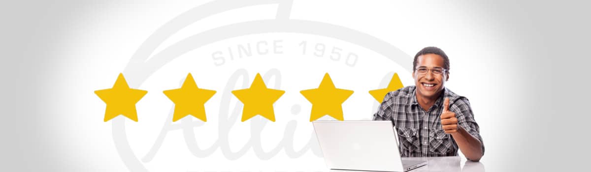 Showing customer giving the thumbs up and a five star review